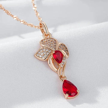 Luxury 14K Rolled Rose Gold Red Pomegranate Flower AAA Zircon Crsytals Necklace For Women - Retro Party Jewellery